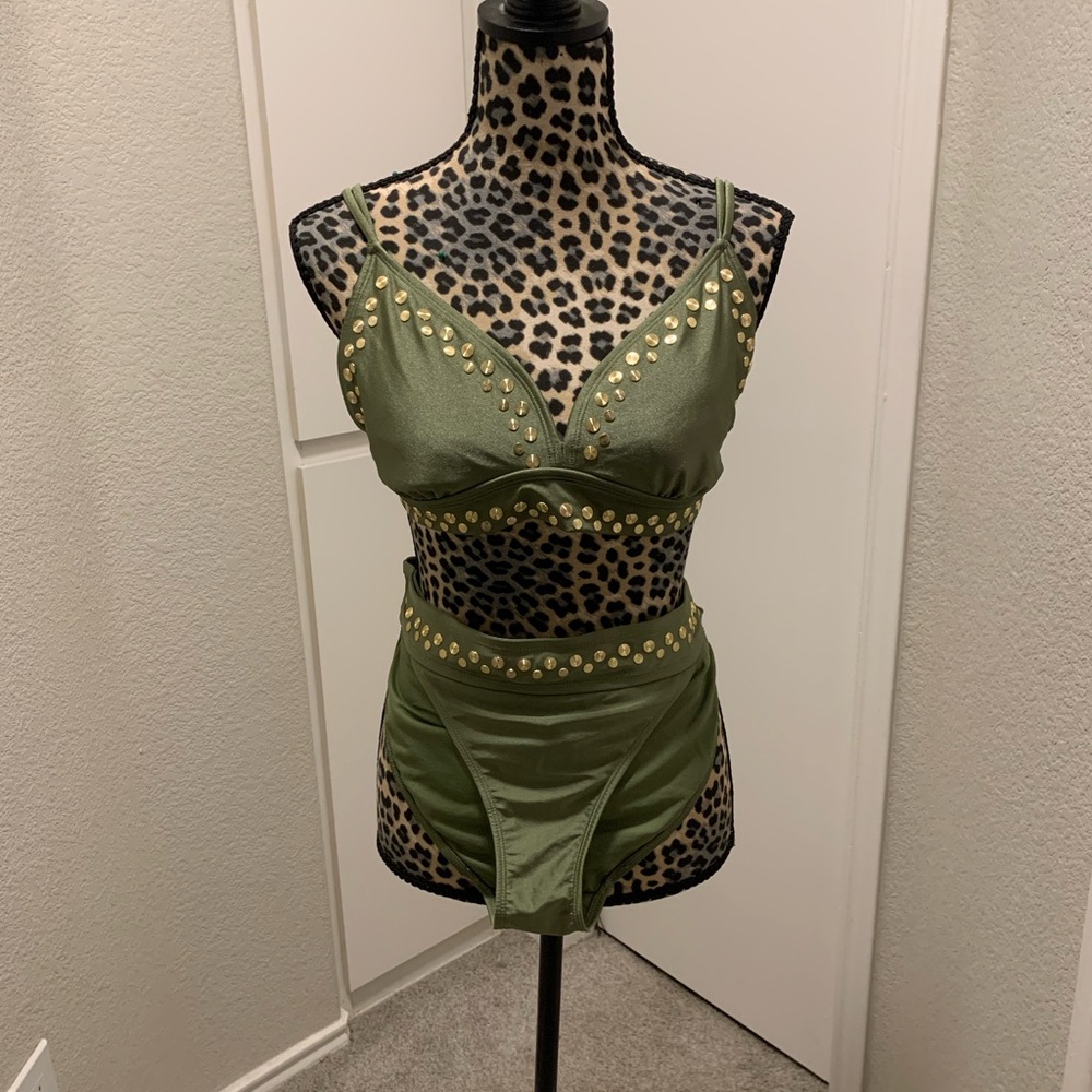 Chic Olive Green Studded Bikini Set